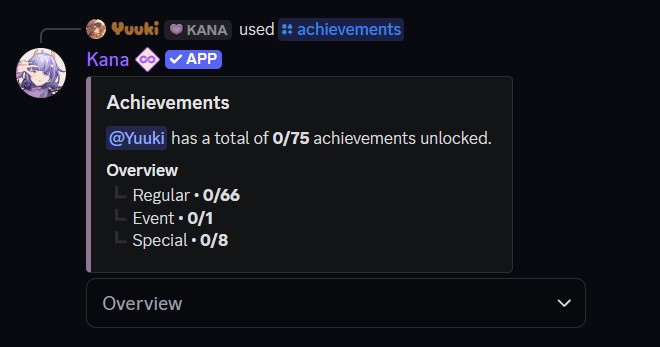 Example of the achievements command